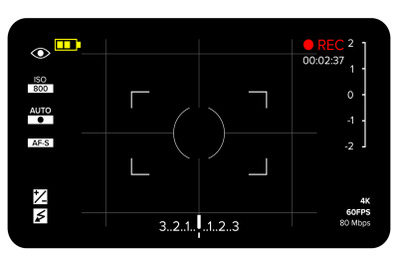 Camera Viewfinder Vector. Modern Camera Focusing Screen With Settings. Digital, DSLR. Camera Recording Illustration