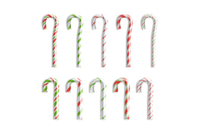 Xmas Candy Cane Vector. Set Isolated On White. Top View. Good For Christmas Card And New Year Design. Realistic Illustration