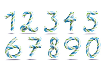 Numbers Sign Set Vector. 3D Numerals. Figures 1, 2, 3, 4, 5, 6, 7, 8, 9, 0. Christmas Colours. Blue, Green Striped. Classic Xmas Mint Hard Candy Cane. New Year Design. Isolated On White Illustration