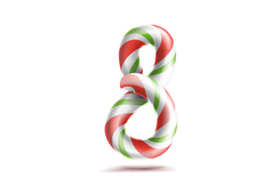 8, Number Eight Vector. 3D Number Sign. Figure 8 In Christmas Colours. Red, White, Green Striped. Classic Xmas Mint Hard Candy Cane. New Year Design. Isolated On White Illustration