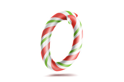 0, Number Zero Vector. 3D Number Sign. Figure 0 In Christmas Colours. Red, White, Green Striped. Classic Xmas Mint Hard Candy Cane. New Year Design. Isolated On White Illustration