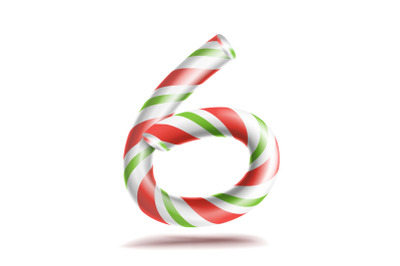 6, Number Six Vector. 3D Number Sign. Figure 6 In Christmas Colours. Red, White, Green Striped. Classic Xmas Mint Hard Candy Cane. New Year Design. Isolated On White Illustration