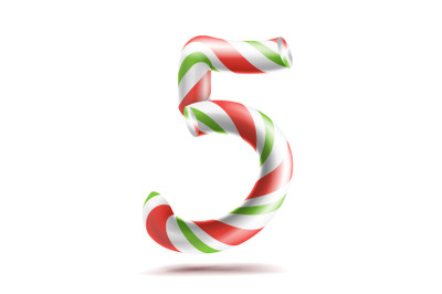 5, Number Five Vector. 3D Number Sign. Figure 5 In Christmas Colours. Red, White, Green Striped. Classic Xmas Mint Hard Candy Cane. New Year Design. Isolated On White Illustration