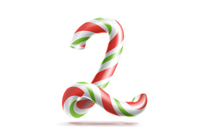 2, Number Two Vector. 3D Number Sign. Figure 2 In Christmas Colours. Red, White, Green Striped. Classic Xmas Mint Hard Candy Cane. New Year Design. Isolated On White Illustration