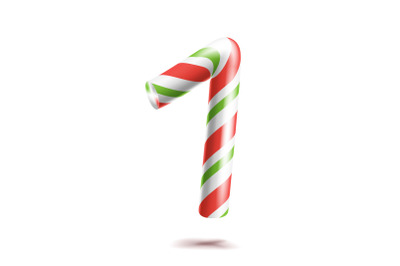 1, Number One Vector. 3D Number Sign. Figure 1 In Christmas Colours. Red, White, Green Striped. Classic Xmas Mint Hard Candy Cane. New Year Design. Isolated On White Illustration