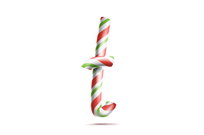 Letter T Vector. 3D Realistic Candy Cane Alphabet Symbol In Christmas Colours. New Year Letter Textured With Red, White. Typography Template. Striped Craft Isolated Object. Xmas Art Illustration