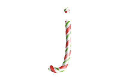 Letter J Vector. 3D Realistic Candy Cane Alphabet Symbol In Christmas Colours. New Year Letter Textured With Red, White. Typography Template. Striped Craft Isolated Object. Xmas Art Illustration