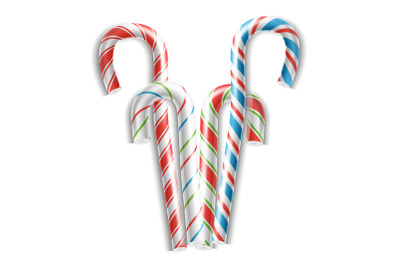 Classic Candy Cane Vector. 3D Realistic Christmas Candy Cane Set Striped In Christmas Colours. For Xmas Card And New Year Design. Isolated On White Illustration