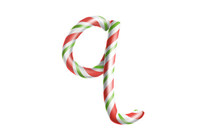 Letter Q Vector. 3D Realistic Candy Cane Alphabet Symbol In Christmas Colours. New Year Letter Textured With Red, White. Typography Template. Striped Craft Isolated Object. Xmas Art Illustration