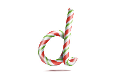 Letter D Vector. 3D Realistic Candy Cane Alphabet Symbol In Christmas Colours. New Year Letter Textured With Red, White. Typography Template. Striped Craft Isolated Object. Xmas Art Illustration