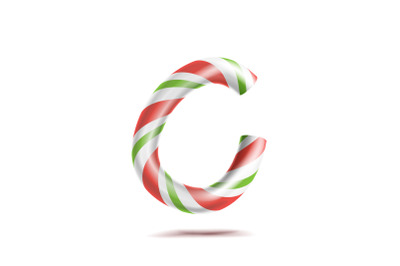 Letter C Vector. 3D Realistic Candy Cane Alphabet Symbol In Christmas Colours. New Year Letter Textured With Red, White. Typography Template. Striped Craft Isolated Object. Xmas Art Illustration