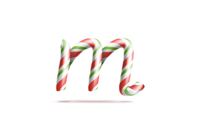 Letter M Vector. 3D Realistic Candy Cane Alphabet Symbol In Christmas Colours. New Year Letter Textured With Red, White. Typography Template. Striped Craft Isolated Object. Xmas Art Illustration