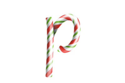 Letter P Vector. 3D Realistic Candy Cane Alphabet Symbol In Christmas Colours. New Year Letter Textured With Red, White. Typography Template. Striped Craft Isolated Object. Xmas Art Illustration