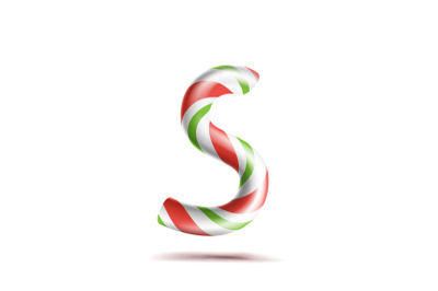 Letter S Vector. 3D Realistic Candy Cane Alphabet Symbol In Christmas Colours. New Year Letter Textured With Red, White. Typography Template. Striped Craft Isolated Object. Xmas Art Illustration