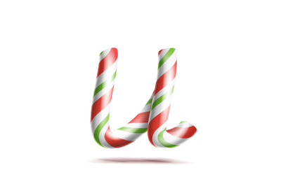 Letter U Vector. 3D Realistic Candy Cane Alphabet Symbol In Christmas Colours. New Year Letter Textured With Red, White. Typography Template. Striped Craft Isolated Object. Xmas Art Illustration