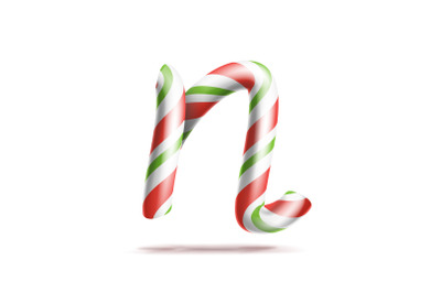 Letter N Vector. 3D Realistic Candy Cane Alphabet Symbol In Christmas Colours. New Year Letter Textured With Red, White. Typography Template. Striped Craft Isolated Object. Xmas Art Illustration