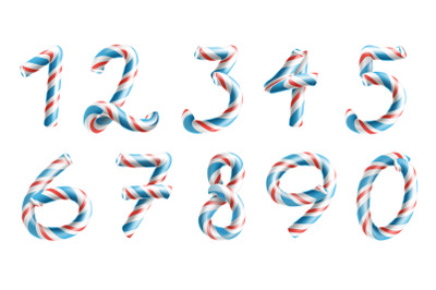 Numbers Sign Set Vector. 3D Numerals. Figures 1, 2, 3, 4, 5, 6, 7, 8, 9, 0. Christmas Colours. Red, Blue Striped. Classic Xmas Mint Hard Candy Cane. New Year Design. Isolated On White Illustration