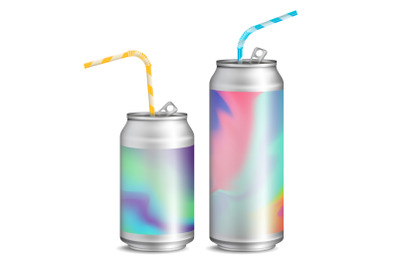 Realistic Metallic Cans Vector. Soft Drink. 3D Blank Aluminium Cans. Colorful Drinking Straws. Different Types. Good For Branding Design. 500, 300 ml. Isolated Illustration