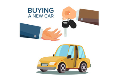 Car Sharing, Rent Vector. Dealer Giving Keys Chain. Car Owner. Purchase Sale Or Rental Car. Flat Illustration