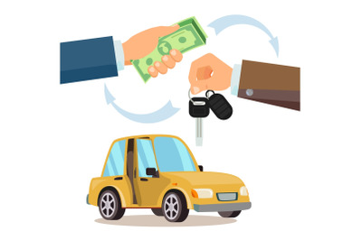 Buying A Car Vector. Dealer, Buyer Hand. Car Showroom. Flat Illustration