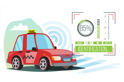 Self Driving Car Taxi Vector. Technology Concept. Driverless Car. Calls Taxi On A Smartphone. Taxi Service. Flat Illustration