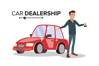 Professional Car Dealer Vector. Happy Professional Automobile Salesman. Choosing And Selling A Car. Isolated On White Cartoon Character Illustration