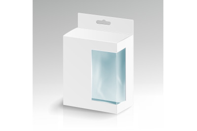 White Blank Cardboard Rectangle Vector. White Package Box With Transparent Plastic Window. Product Packing