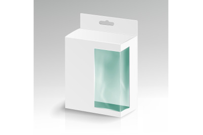 White Blank Cardboard Rectangle Vector. White Package Box With Transparent Plastic Window. Product Packing