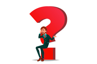 Question Mark Businessman Vector. Task, HR Concept. Find New Job. Huge Red Question Mark. Isolated Cartoon Illustration