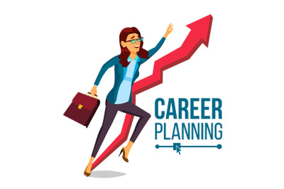 Business Woman Career Planning Vector. Fast Career Growth. Achieve Goal. Huge Red Arrow. More Profit. Isolated Cartoon Illustration