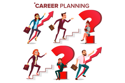 Career Planning Vector. HR Concept. Find New Job. Huge Red Question Mark. Fast Career Growth. Job Success Concept. Stairs. Step By Step. Business Woman, Businessman. Achieve Goal. Cartoon Illustration