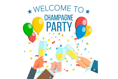 Champagnes Office Party Vector. Champagne Bottle, Confetti Explosion. Hand With Glasses. Isolated Illustration