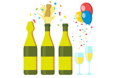 Champagnes Party Vector. Design Elements. Champagne Bottle Explosion. Confetti. Blue Glasses. Isolated Illustration