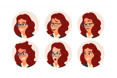 Business Woman Avatar Vector. Woman Face, Emotions Set. Female Creative Placeholder. Modern Girl. Comic Art Isolated Illustration