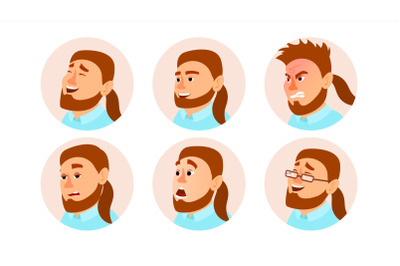 Character Business People Avatar Vector. Fat Bearded Man Face, Emotions Set. Creative Avatar Placeholder. Cartoon, Comic Art Illustration