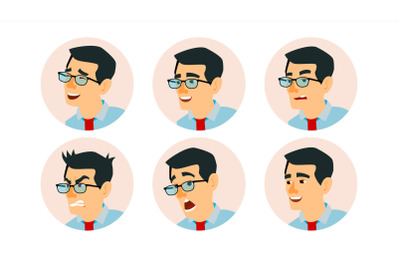 Asian Character Business People Avatar Vector. Asiatic Man Face, Emotions Set. Creative Avatar Placeholder. Cartoon, Comic Art Illustration