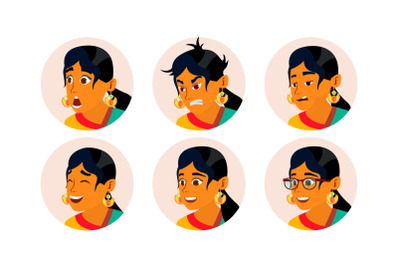 Hindu Business Woman Avatar Vector. Woman Face, Emotions Set. Indian Female Creative Placeholder. Modern Girl. Comic Art Isolated Illustration