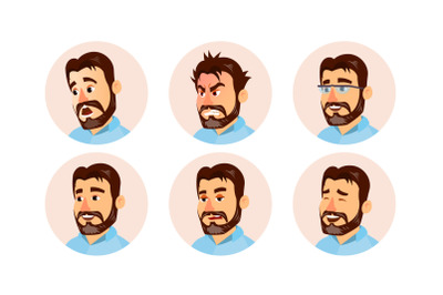 Boss Character Business People Avatar Vector. Modern Office Bearded Boss Man Face, Emotions Set. Creative Avatar Placeholder. Cartoon, Comic Art Illustration