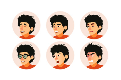 Junior Character Business People Avatar Vector. Developer Teen Man Face, Emotions Set. Creative Avatar Placeholder. Cartoon Flat Illustration