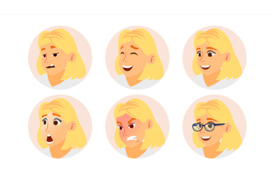 Business Woman Avatar Vector. Blonde Woman Face, Emotions Set. Female Placeholder. Modern Business Girl Avatar Set. Comic Face Art Isolated Illustration