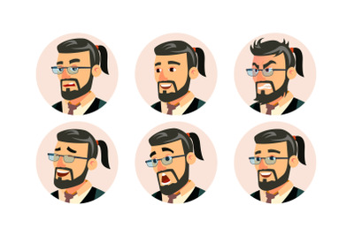 Boss CEO Character Business People Avatar Vector. Modern Office Bearded Boss Man Face, Emotions Set. Placeholder. Cartoon Comic Illustration