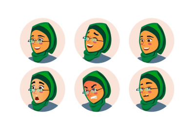 Muslim Business Woman Avatar Vector. Woman Face, Emotions Set. Hijab. Muslim Female Creative Placeholder. Modern Girl. Art Isolated Illustration