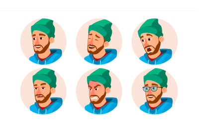 Bearded Man Avatar Vector. Character Business People Avatar. Cap, Hat. Face Emotions Set. Cartoon, Comic Art Illustration