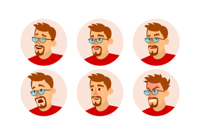 Bearded Man Avatar Vector. Character Business People Avatar. Face Emotions Set. Cartoon, Comic Art Illustration