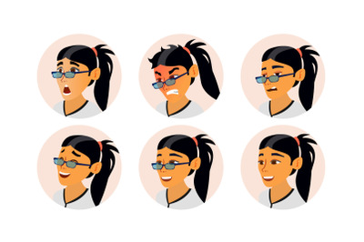 Asian Woman Avatar Vector. Asiatic Woman Face, Emotions Set. Character Business People. Cartoon Illustration