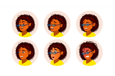 African Black Woman Avatar Vector. African American Woman Face, Emotions Set. Character Business People. Cartoon Illustration