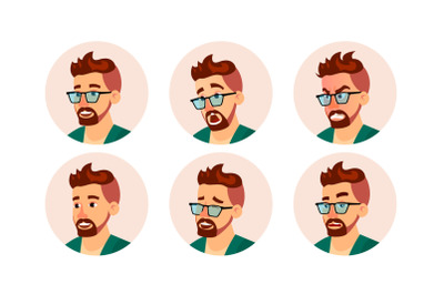 Hipster Man Avatar Vector. Creative Modern Hipster Man Face, Emotions Set. Character Business People. Cartoon Illustration