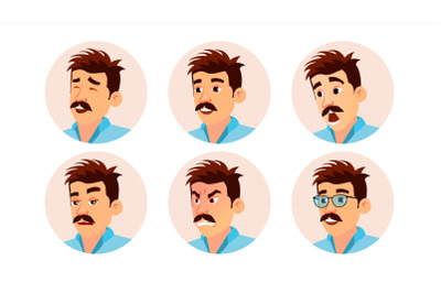 Italian Man Avatar Vector. Creative Italian Man Face, Emotions Set. Character Business People. Cartoon Illustration