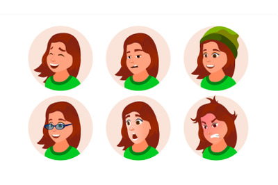 Young Girl Avatar Vector. Teen Woman Face, Emotions Set. Character Business People. Cartoon Illustration