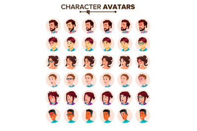 People Avatar Set Vector. Man, Woman. User Person. Trendy Image. Comic Face Art. Cheerful Worker. Round Portrait. Cute Employer. Flat Cartoon Character Illustration